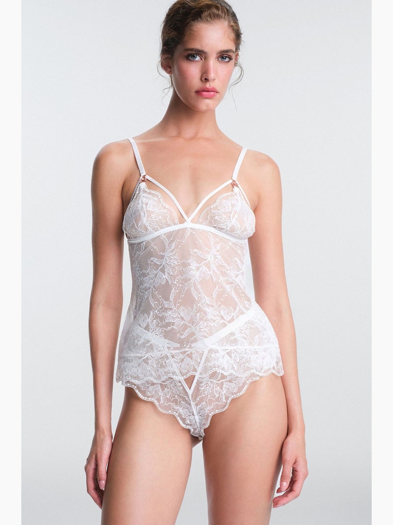 Scarlett fleuri en dentelle, teddy col v sans armatures penti Blanc cassé - Kiabi