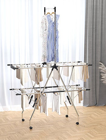Séchoir à linge étendoir à vêtements pliable réglable acier inox. PP noir