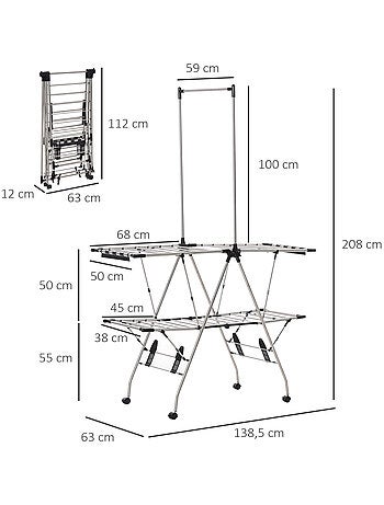 Séchoir à linge étendoir à vêtements pliable réglable acier inox. PP noir