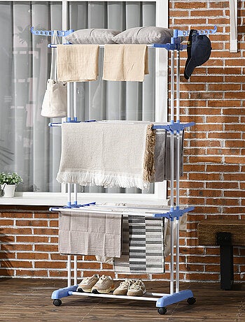 Sechoir à linge étendoir pliable 3 niveaux 2 ailes latérales à cintres acier blanc PP