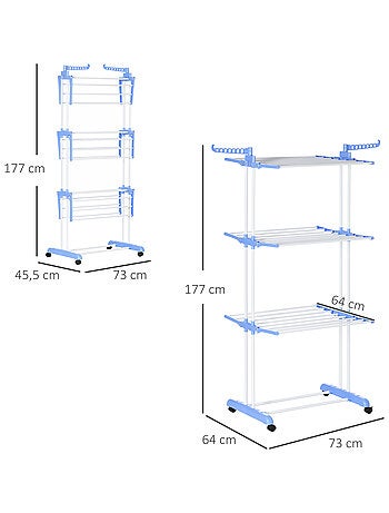 Sechoir à linge étendoir pliable 3 niveaux 2 ailes latérales à cintres acier blanc PP