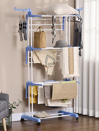 Sechoir à linge étendoir pliable 3 niveaux 2 ailes latérales à cintres acier blanc PP