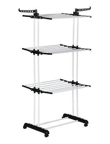 Sechoir à linge étendoir pliable 3 niveaux 2 ailes latérales à cintres acier blanc PP