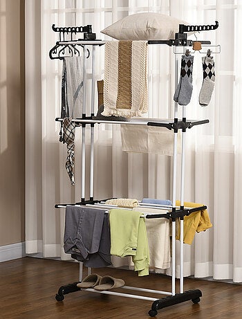 Sechoir à linge étendoir pliable 3 niveaux 2 ailes latérales à cintres acier blanc PP