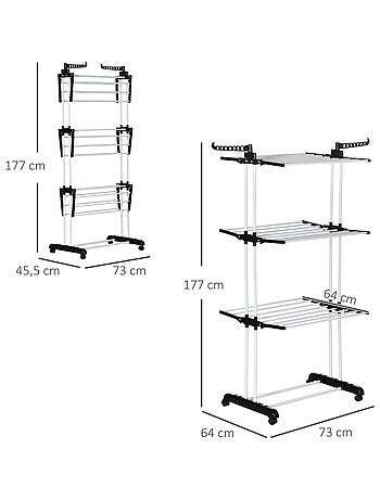 Sechoir à linge étendoir pliable 3 niveaux 2 ailes latérales à cintres acier blanc PP