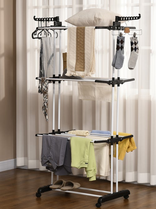 Sechoir à linge étendoir pliable 3 niveaux 2 ailes latérales à cintres acier blanc PP - Kiabi