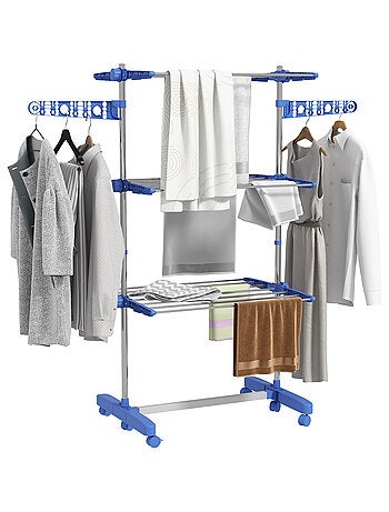 Séchoir à linge étendoir pliable ailes latérales 3 niveaux acier inox PP