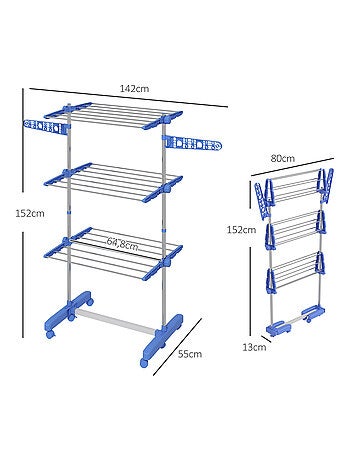 Séchoir à linge étendoir pliable ailes latérales 3 niveaux acier inox PP