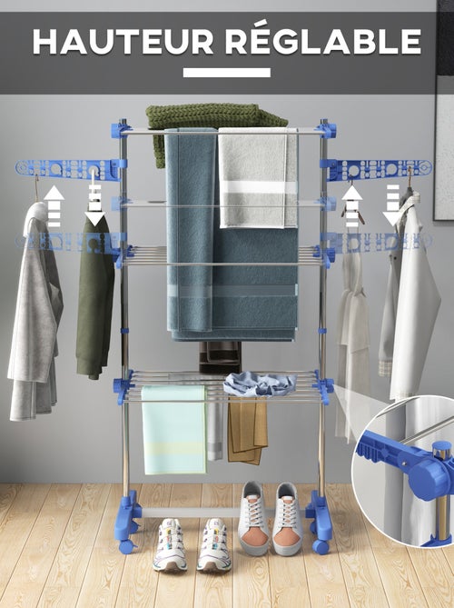 Séchoir à linge étendoir pliable ailes latérales 3 niveaux acier inox PP - Kiabi