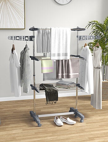 Séchoir à linge étendoir pliable ailes latérales 3 niveaux acier inox PP