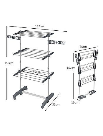 Séchoir à linge étendoir pliable ailes latérales 3 niveaux acier inox PP