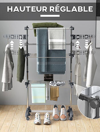 Séchoir à linge étendoir pliable ailes latérales 3 niveaux acier inox PP