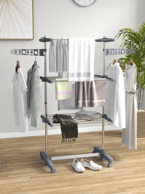 Séchoir à linge étendoir pliable ailes latérales 3 niveaux acier inox PP - Kiabi