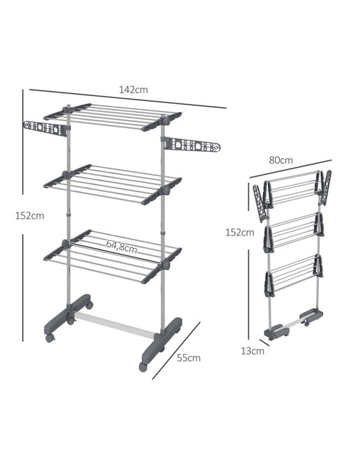 Séchoir à linge étendoir pliable ailes latérales 3 niveaux acier inox PP - Kiabi