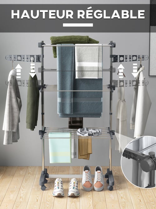 Séchoir à linge étendoir pliable ailes latérales 3 niveaux acier inox PP - Kiabi