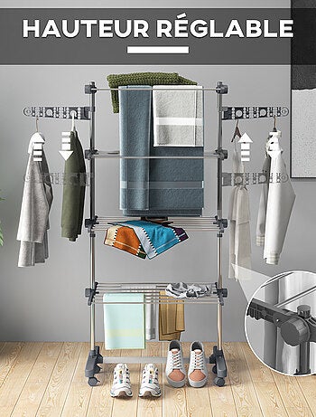 Séchoir à linge étendoir pliable ailes latérales 4 niveaux