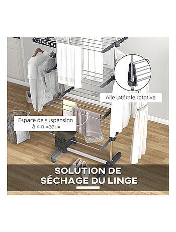 Séchoir à linge étendoir pliable ailes latérales 4 niveaux