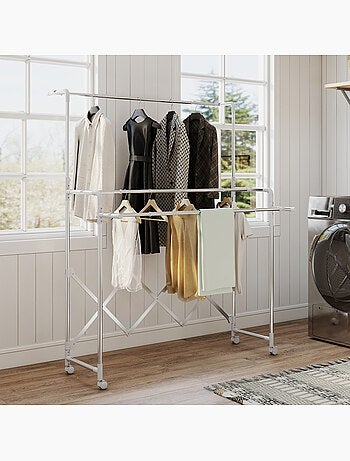 Séchoir à linge pliable réglable étendoir 3 barres 4 roulettes acier inox