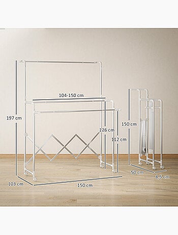 Séchoir à linge pliable réglable étendoir 3 barres 4 roulettes acier inox
