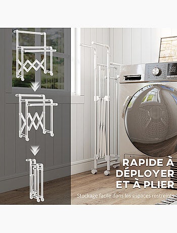 Séchoir à linge pliable réglable étendoir 3 barres 4 roulettes acier inox