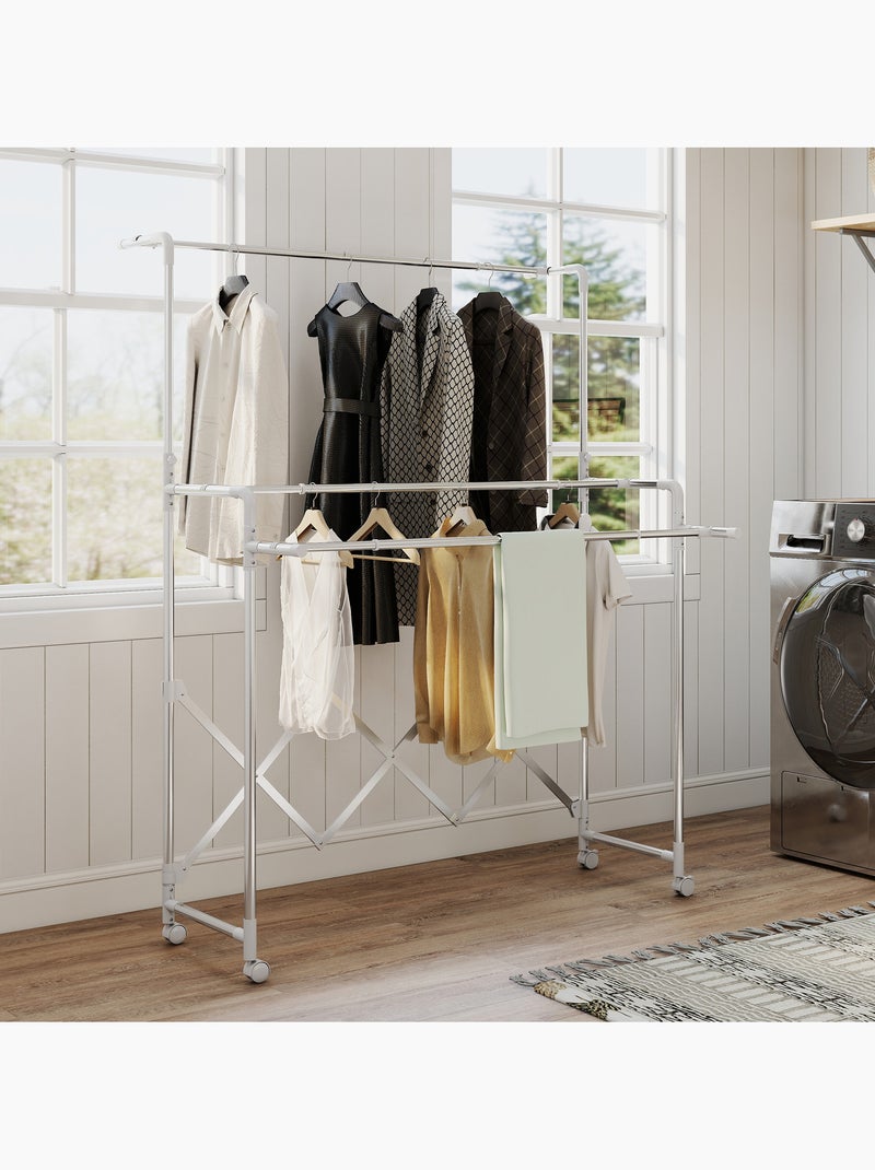 Séchoir à linge pliable réglable étendoir 3 barres 4 roulettes acier inox Gris - Kiabi