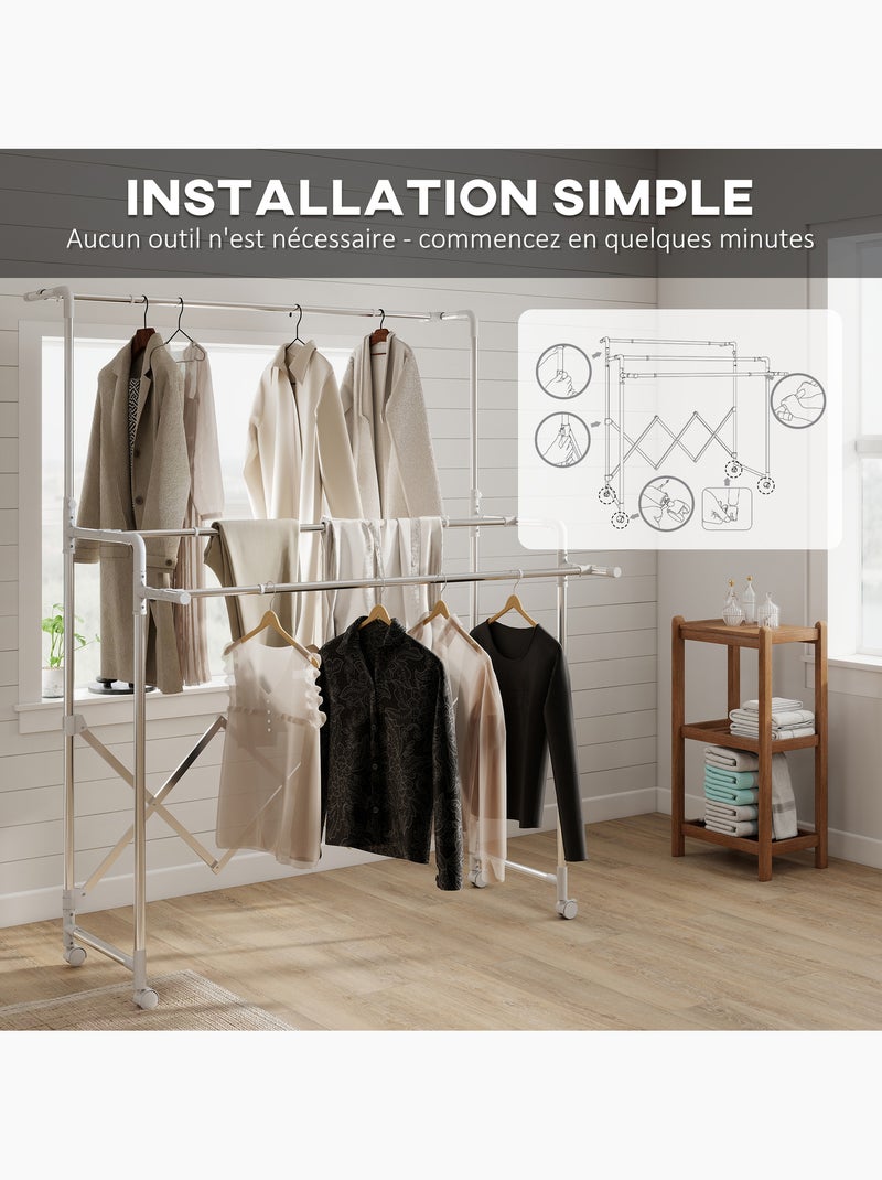 Séchoir à linge pliable réglable étendoir 3 barres 4 roulettes acier inox Gris - Kiabi