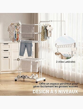 Séchoir à linge réglable étendoir pliable ailes latérales 4 niv. Étagère