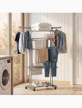 Séchoir à linge réglable étendoir pliable ailes latérales 4 niv. Étagère