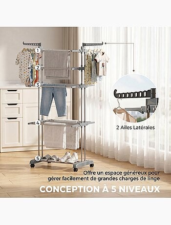 Séchoir à linge réglable étendoir pliable ailes latérales 4 niv. Étagère