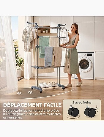 Séchoir à linge réglable étendoir pliable ailes latérales 4 niv. Étagère