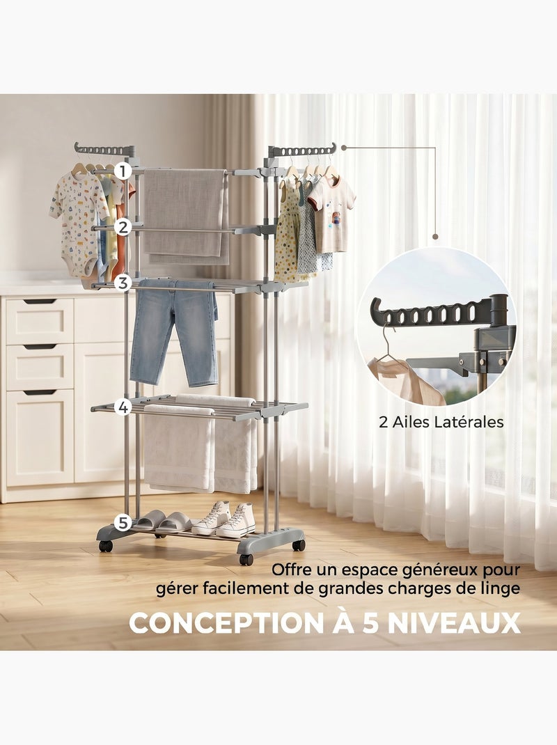 Séchoir à linge réglable étendoir pliable ailes latérales 4 niv. Étagère Gris - Kiabi