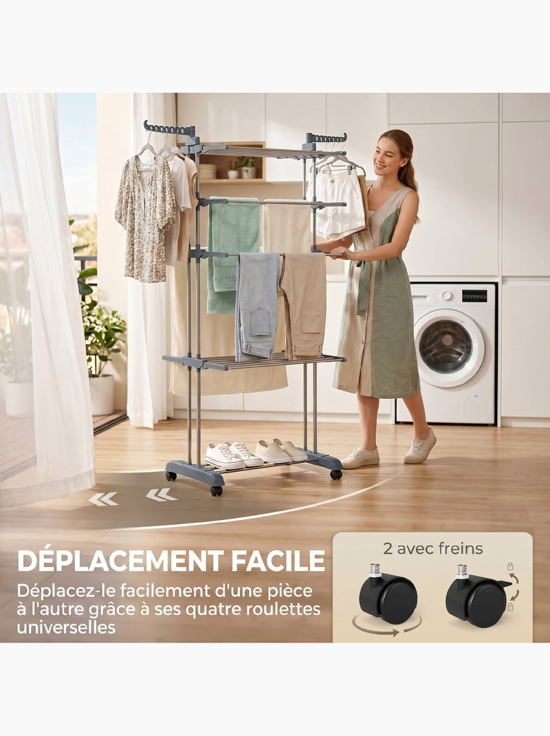Séchoir à linge réglable étendoir pliable ailes latérales 4 niv. Étagère Gris - Kiabi