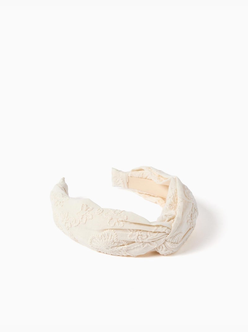 Serre-tête en coton avec broderie et nœud Blanc - Kiabi