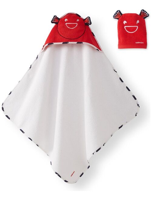 Serviette de bain 80x80 cm + Gant 15x21 cm blanc et rouge - 100% Coton - Kiabi