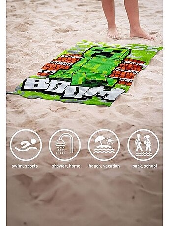 Serviette de plage - disney - minecraft - couleur verte - fibre synthétique - lavable