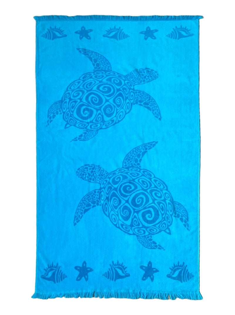 Serviette de plage éponge velours Jacquard avec franges Atoll 90x170 390g/m² Bleu azur - Kiabi