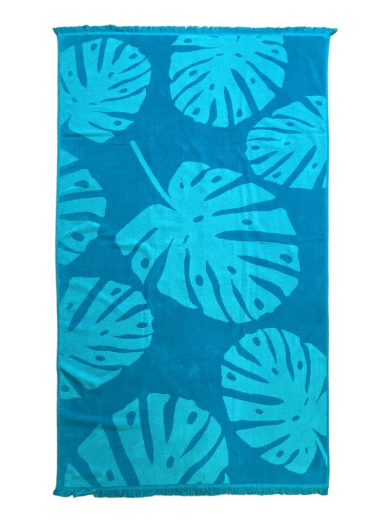 Serviette de plage éponge velours Jacquard avec franges Velika 90x170 390g/m² Bleu canard - Kiabi