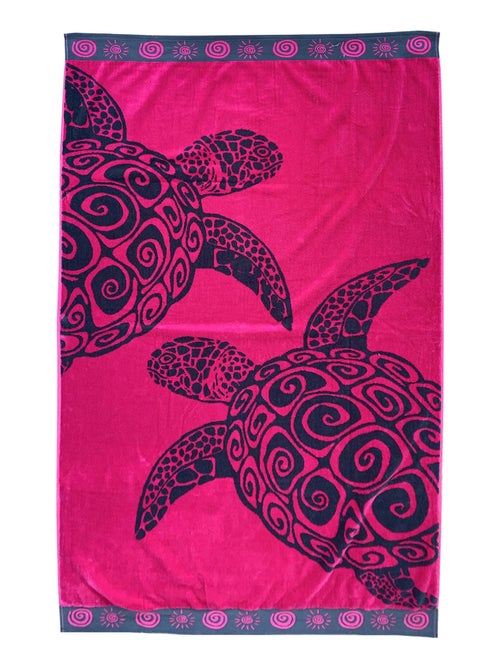 Serviette de plage éponge velours Jacquard Fuchsia Turtle L 100x175 470g/m² - Kiabi