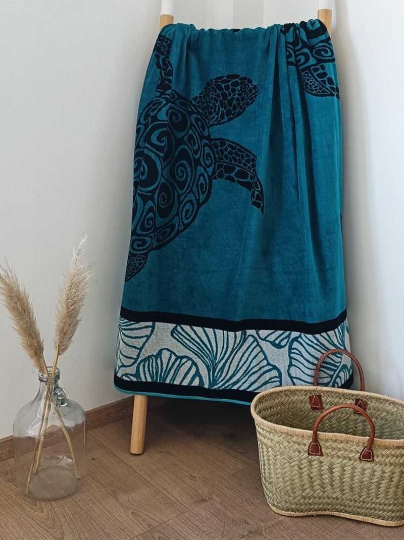 Serviette de plage éponge velours Jacquard Mallorca 140x180 400g/m² Bleu canard - Kiabi