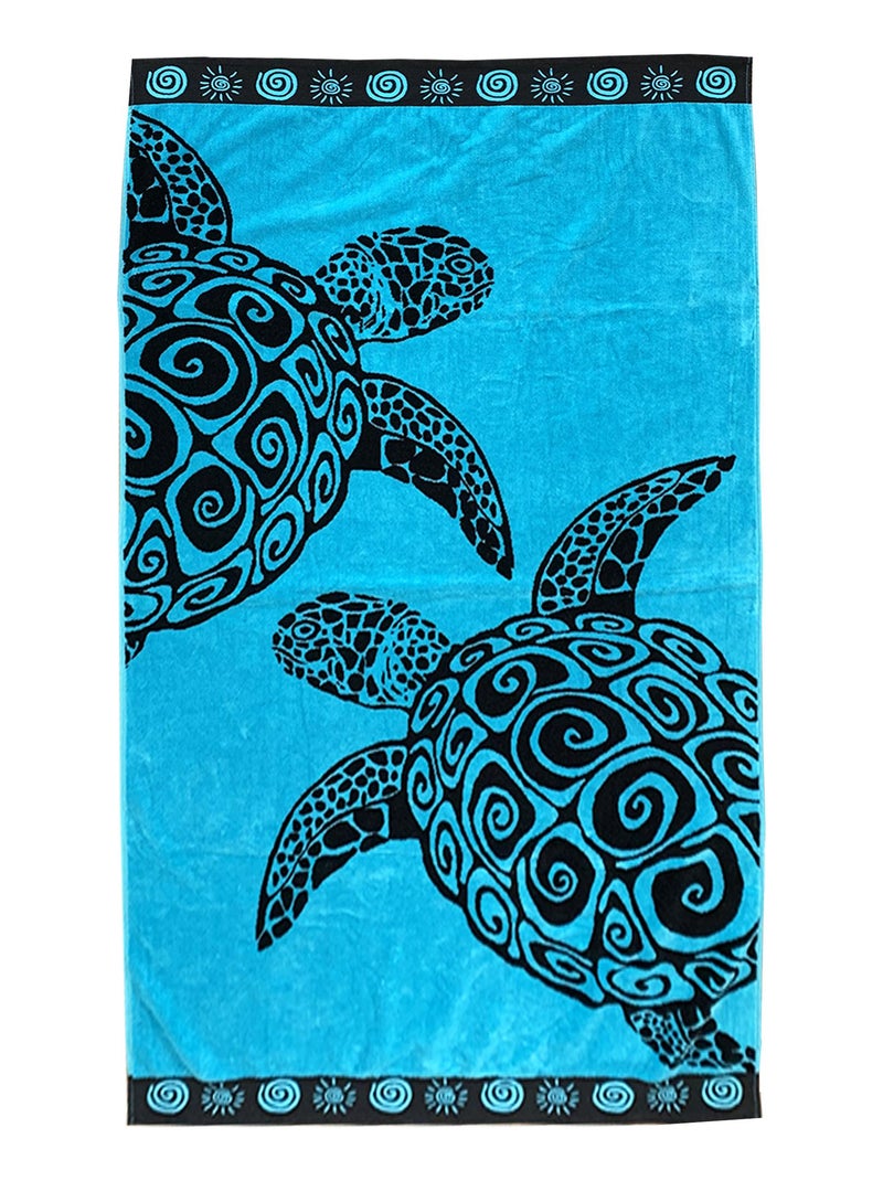 Serviette de plage éponge velours Jacquard Turquoise Turtle L 100x175 470g/m² Bleu azur - Kiabi