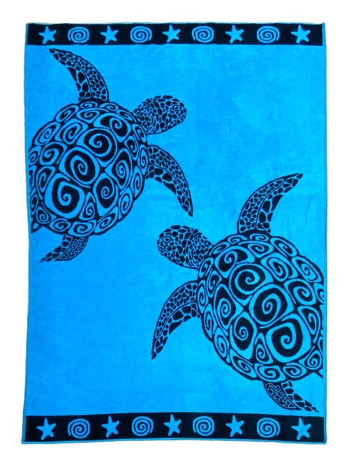 Serviette de plage éponge velours Jacquard Turquoise Turtles 140x180 400g/m² - Kiabi