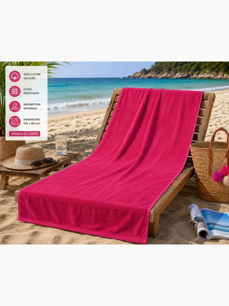 Serviette drap de plage velours 100 x 180 cm uni rose Rose - Kiabi