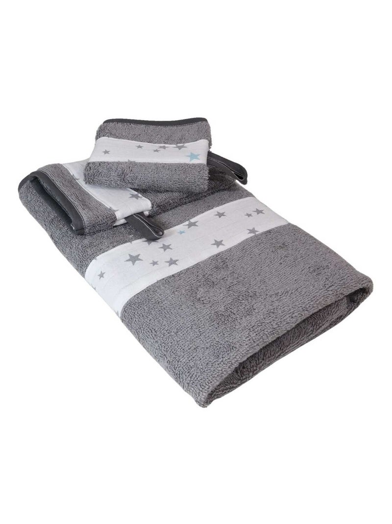 Serviette et 2 gants de toilette en coton éponge ÉTOILE Gris - Kiabi