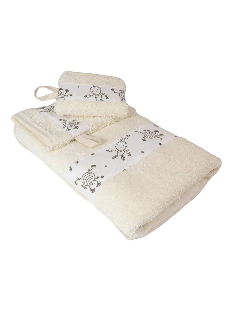 Serviette et 2 gants de toilette en coton éponge TOURNICOQUIN Ecru - Kiabi