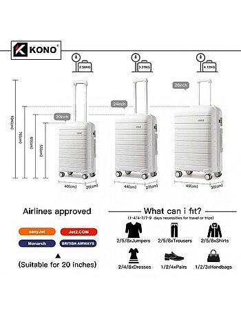 Set 3 valises - 55/65/76 cm abs 100 l tsa - kono