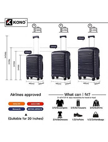 Set 3 valises - 55/65/76 cm abs 100 l tsa - kono