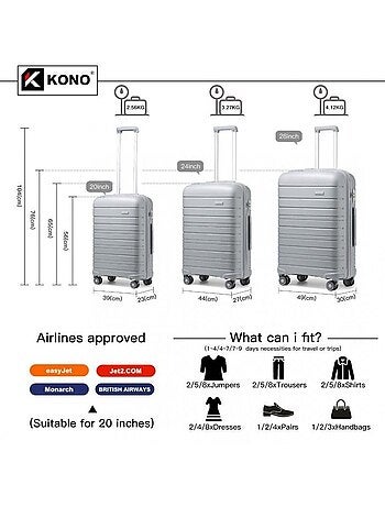 Set 3 valises - 55/65/76 cm abs 100 l tsa - kono