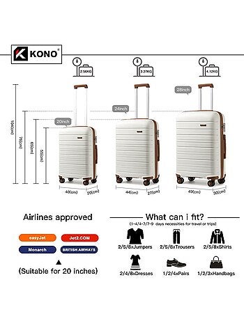 Set 3 valises - 55/65/76 cm rigide 100 l tsa - kono