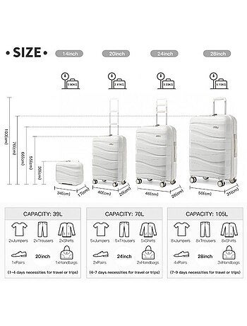 Set 4 valises - 34x30x17 cm abs 100 l tsa - kono