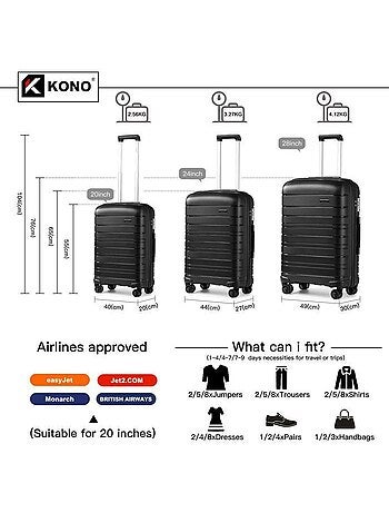 Set 5 valises - 55/65/76 cm abs 100 l tsa - kono